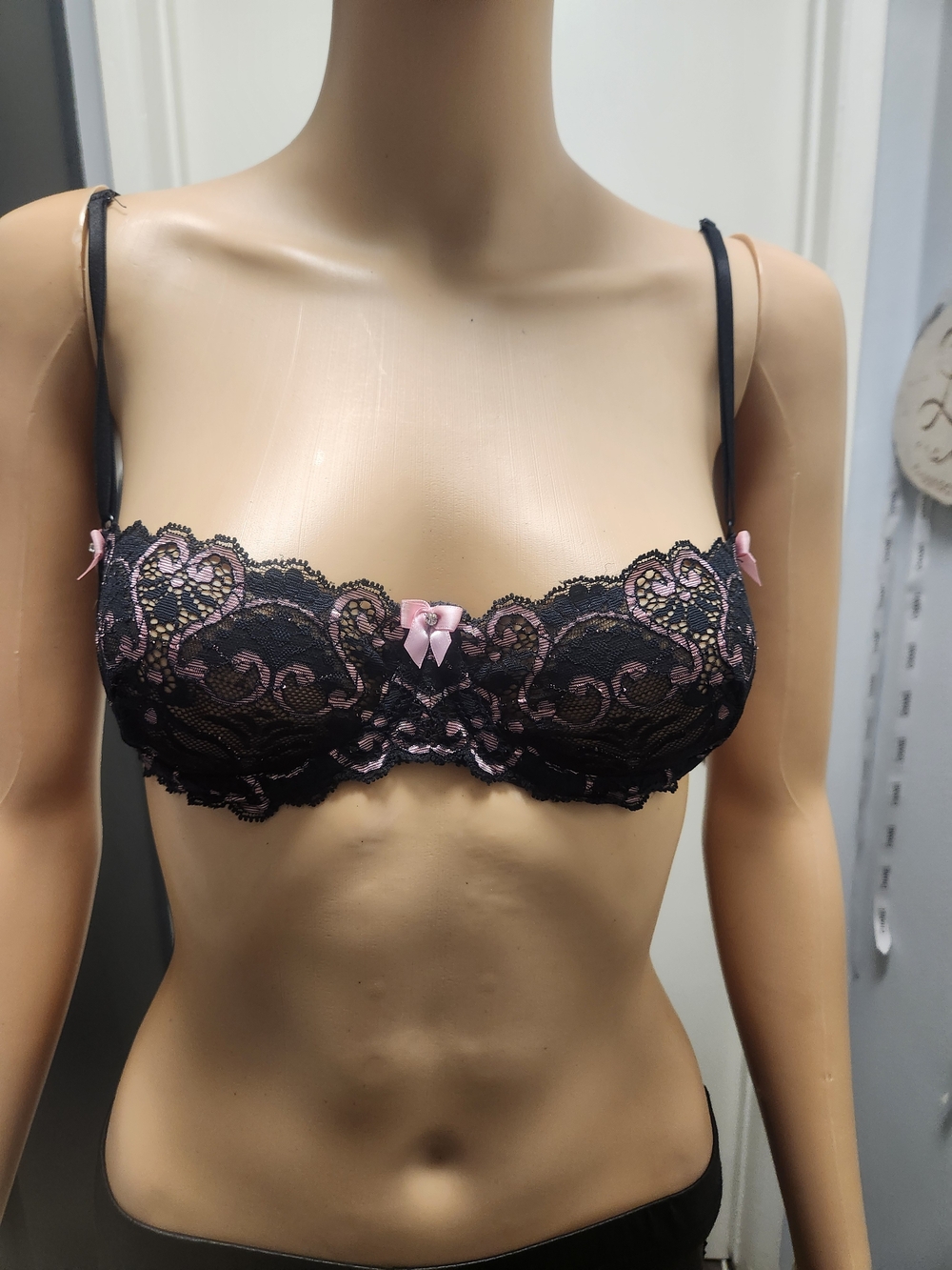 Agent Provacator Black Lace Balconette Bra with Pink Abstract Heart Accents.